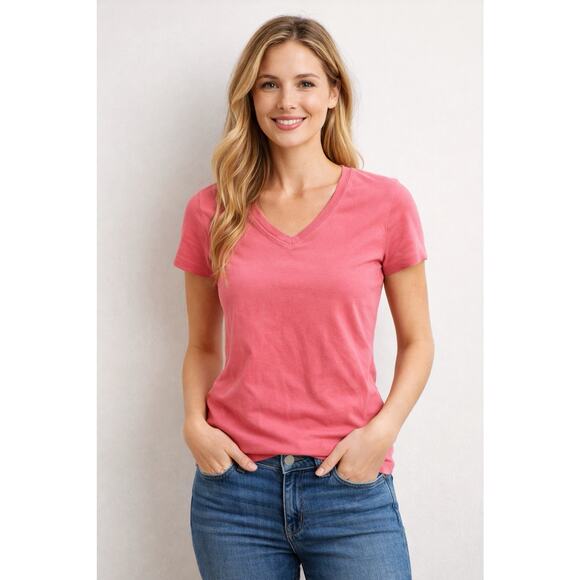 Eddie Bauer Tops - Eddie Bauer Pink V Neck T Shirt Women Medium Cotton Short Sleeve Casual